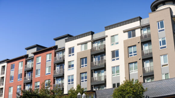 Exterior view of modern apartment building offering luxury rental units in Silicon Valley; Sunnyvale, San Francisco bay area, California